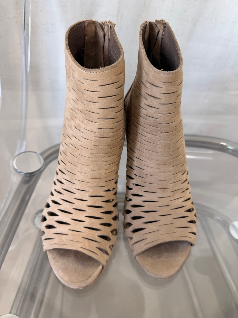 Barneys New York Tan Laser-Cut Peep-Toe Ankle Boots